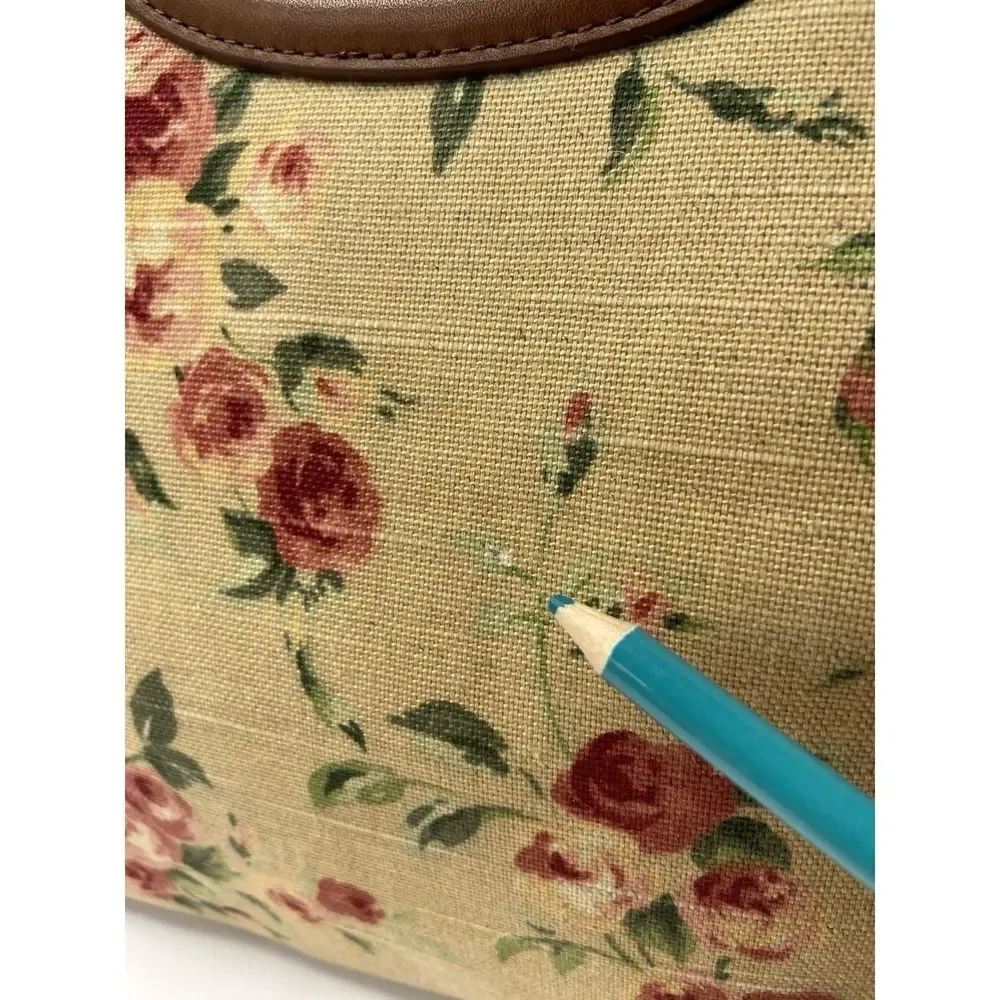 Fossil‎ Floral Canvas Top Handle Satchel Bag w/ Leather Trim & Strap